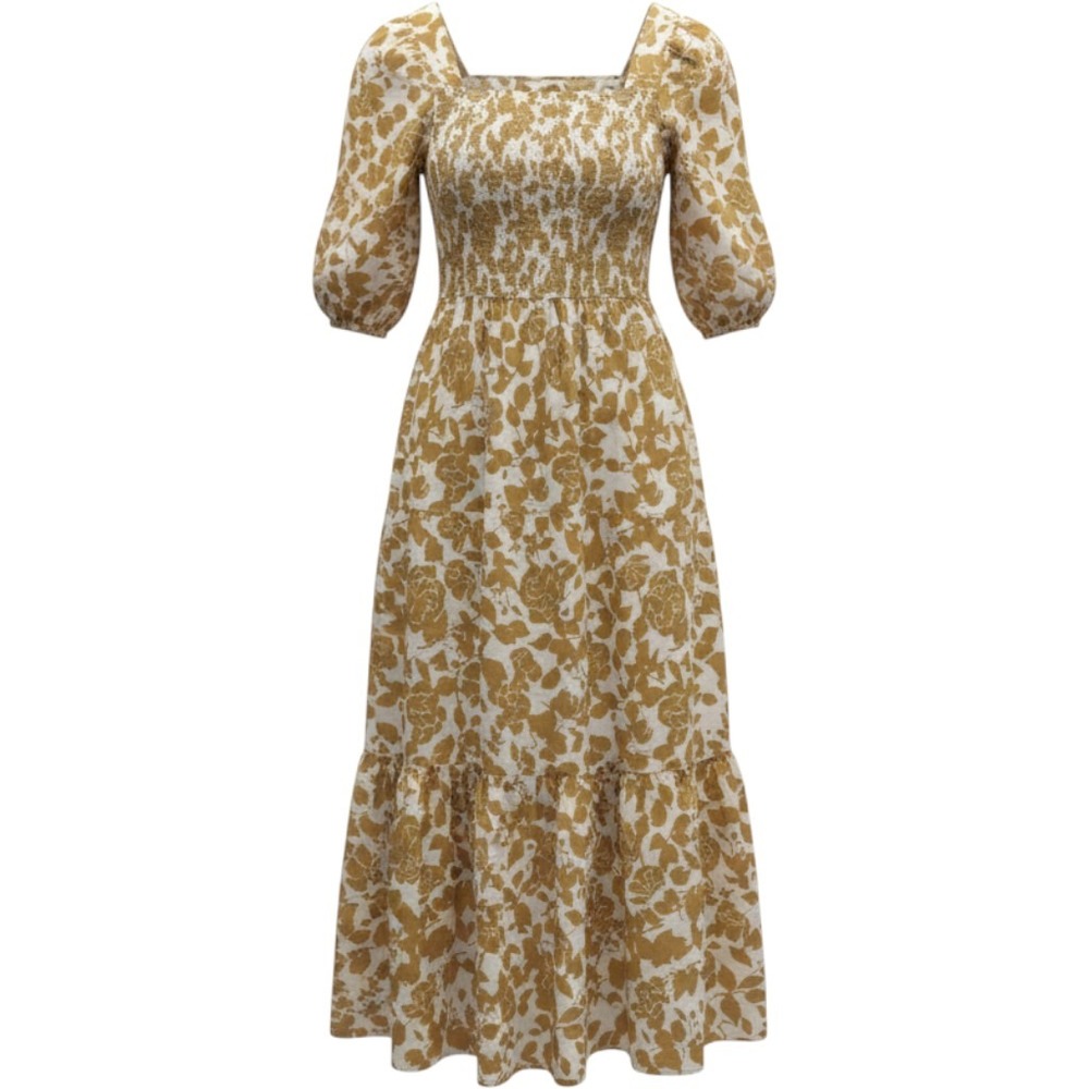 Moon River Dress Womens S Tan White Floral Smocked Square Neck Midi Cottagecore